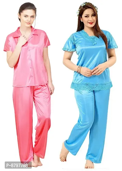 Beautiful Solid Satin Night Suit Set For Women Combo Pack Of 2