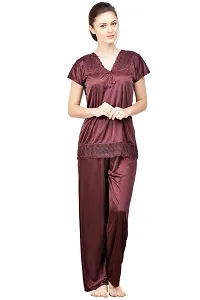 Beautiful Solid Satin Night Suit Set For Women Combo Pack Of 2-thumb1