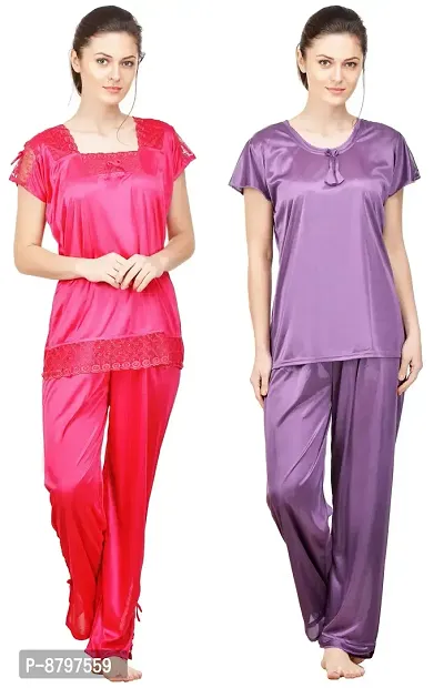 Beautiful Solid Satin Night Suits Pack Of 2