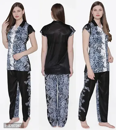 Beautiful Floral Print Satin Button Up Shirt and Long Leg Pyjama Set For Women