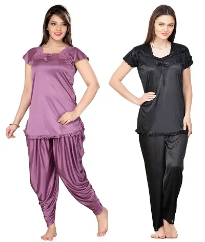 Pack Of 2 Beautiful Solid Satin Night Suit Set For Women