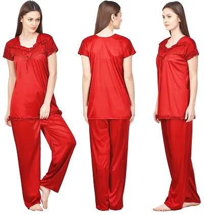 Beautiful Silky Satin Top And Pyjama Set For Women