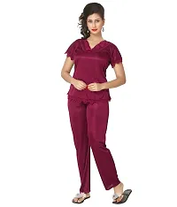 Beautiful Solid Satin Night Suit Set For Women Pack Of 3-thumb1