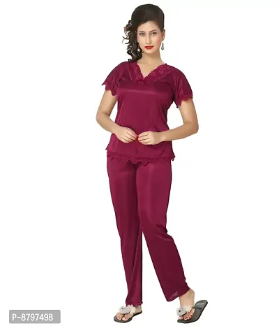 Beautiful Solid Satin Night Suit Set For Women Pack Of 3-thumb2