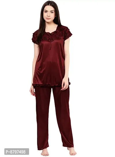 Beautiful Solid Satin Night Suit Set For Women Pack Of 3-thumb4