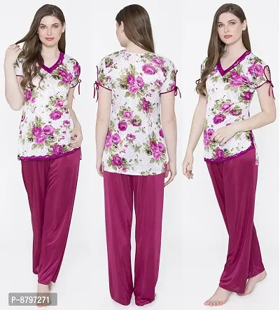 Beautiful Floral Print Satin Top and Long Leg Pyjama Set For Women