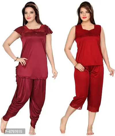 Beautiful Solid Satin Night Suit Set For Women Pack Of 2
