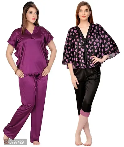 Stylish  Printed Satin Top And Pyjama Set For Women Pack Of 2-thumb0