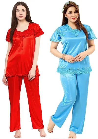 Printed Sky Blue Night Dress Top and Pajama Set for Women – Stilento