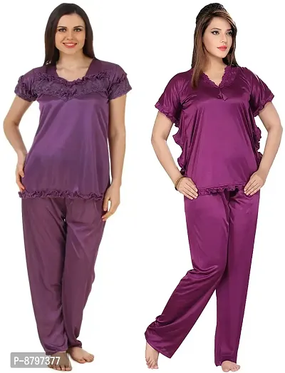 Stylish Purple Solid Satin Top And Pyjama Set For Women Pack Of 2