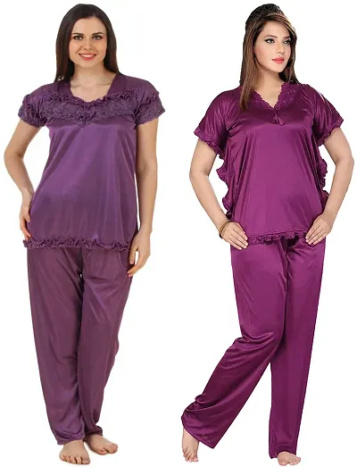 Stylish Solid Satin Top And Pyjama Set For Women Pack Of 2