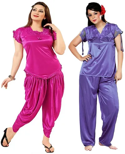 Beautiful Solid Satin Night Suit Set/Patiala Night Suit For Women Pack Of 2