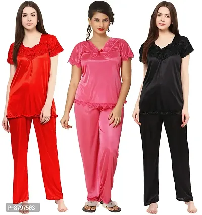 Beautiful Solid Satin Night Suit Set For Women Pack Of 3