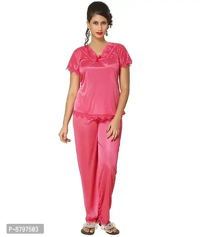Beautiful Solid Satin Night Suit Set For Women Pack Of 3-thumb2