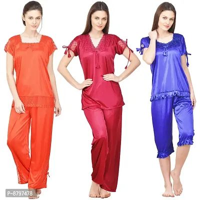 Beautiful Solid Satin Night Suit Set For Women Pack Of 3