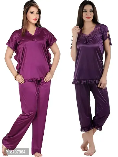 Stylish Solid Satin Top And Pyjama Set For Women Pack Of 2-thumb0