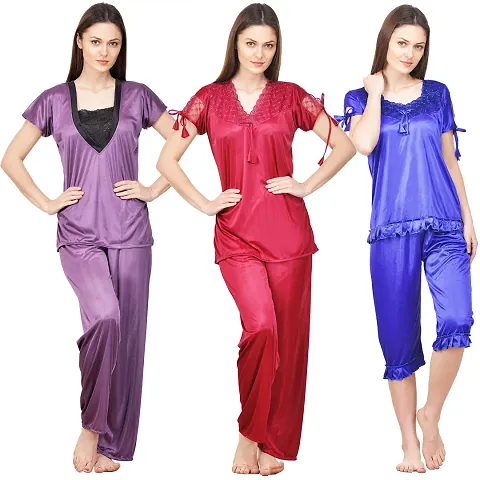 Pack Of 3 Beautiful Solid Satin Night Suit Set For Women