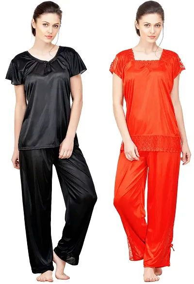 Stylish Solid Satin Top And Pyjama Set For Women Pack Of 2