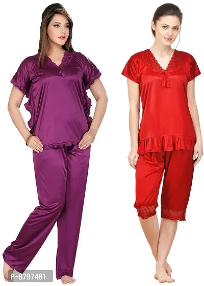 Stylish  Solid Satin Top And Pyjama Set For Women Pack Of 2