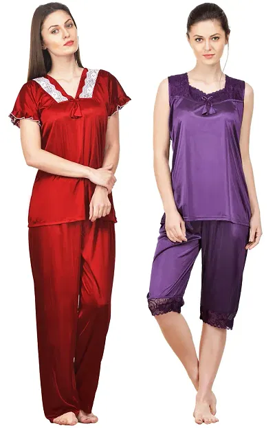 Fancy Satin Solid Nightsuit Set/Capri Set(Set Of 2)