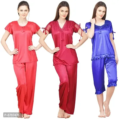 Beautiful Solid Satin Night Suit Set For Women Pack Of 3