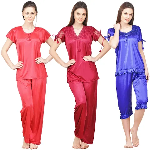 Pack Of 3 Beautiful Solid Satin Night Suit Set For Women