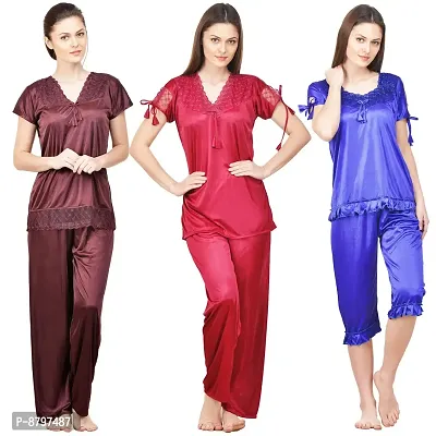 Beautiful Solid Satin Night Suit Set For Women Pack Of 3