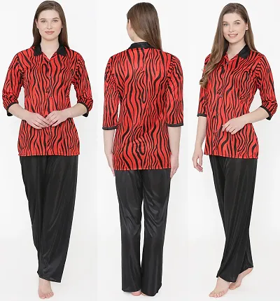 Beautiful Tiger Print Satin Button Up Shirt and Long Leg Pyjama Set For Women