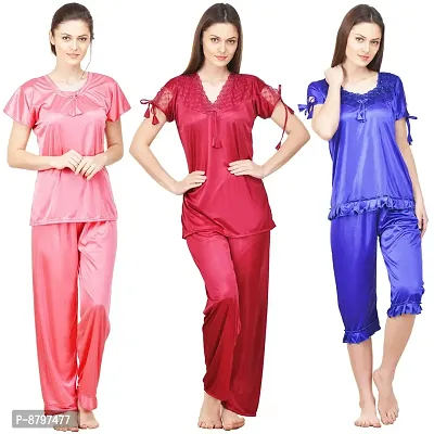 Beautiful Solid Satin Night Suit Set For Women Pack Of 3