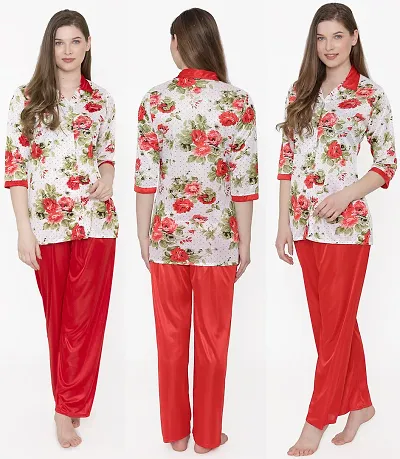 Trendy Satin Floral 3/4th Sleeves Night Suit Set For Women And Girls