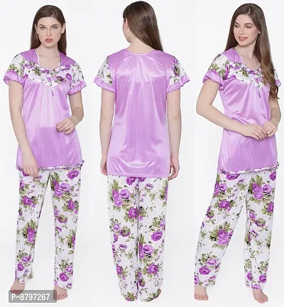 Beautiful Floral Print Satin Top and Long Leg Pyjama Set For Women-thumb0