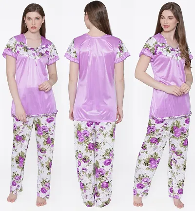 Beautiful Silky Satin Floral Top And Pyjama Set/Night Suit Set For Women