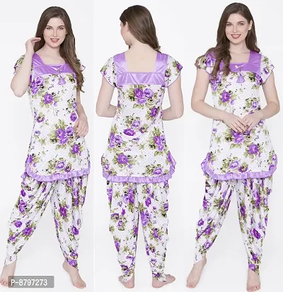 Beautiful Floral Print Satin Short Sleeve Top and Long Leg Dhoti Set For Women