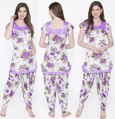 Trendy Satin Floral Patiala Night Suit Set For Women And Girls