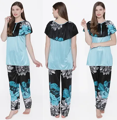 Beautiful Floral Print Satin Top and Long Leg Pyjama Set For Women