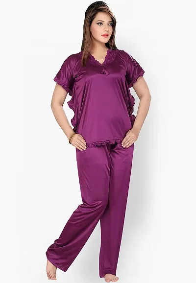 Beautiful Silky Satin Solid Top And Pyjama Set/Night Suit Set For Women