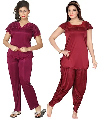 Beautiful Solid Satin Night Suit Set/Patiala Night Suit For Women Pack Of 2