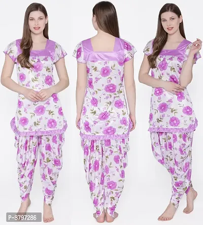 Beautiful Floral Print Satin Short Sleeve Top and Long Leg Dhoti Set For Women