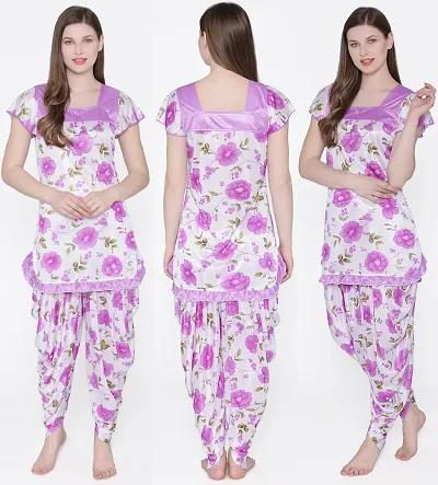 Beautiful Floral Print Satin Short Sleeve Top and Long Leg Dhoti Set For Women