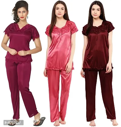 Beautiful Solid Satin Night Suit Set For Women Pack Of 3