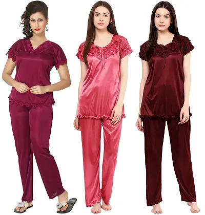 Combo 3 Fancy Satin Solid Night Suit Set