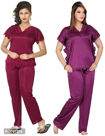 Stylish Solid Satin Top And Pyjama Set For Women Pack Of 2-thumb0