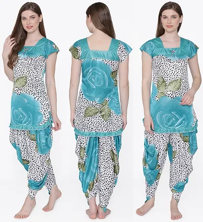Trendy Satin Floral Patiala Night Suit Set For Women And Girls