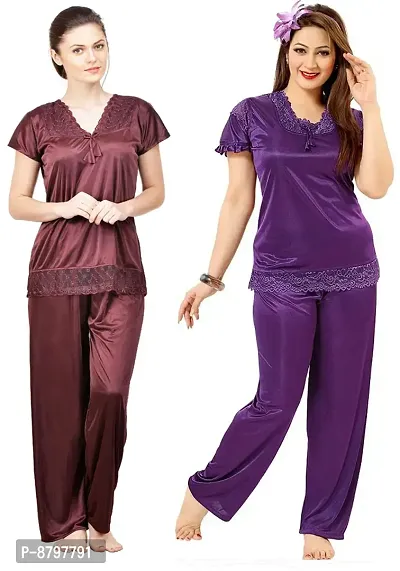 Beautiful Solid Satin Night Suit Set For Women Combo Pack Of 2