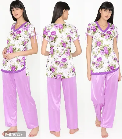 Beautiful Floral Print Satin Top and Long Leg Pyjama Set For Women-thumb0