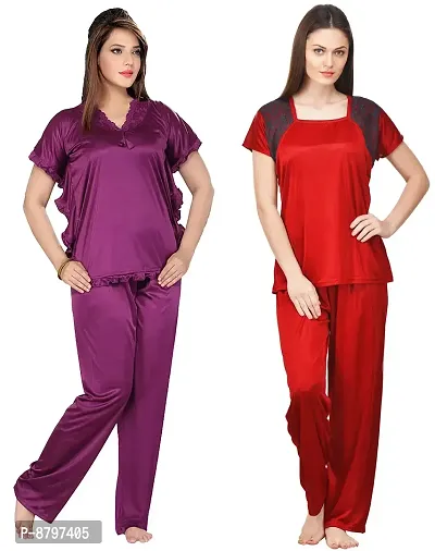 Stylish  Solid Satin Top And Pyjama Set For Women Pack Of 2