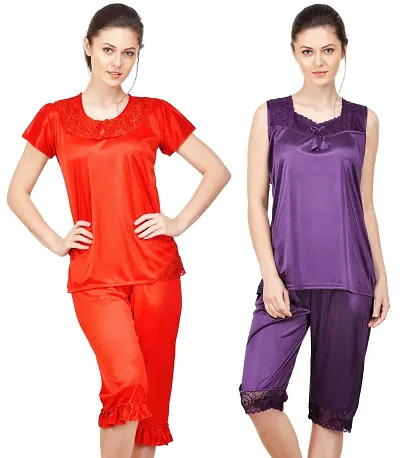 Pack Of 2 Stylish Printed Satin Top And Pyjama Set For Women