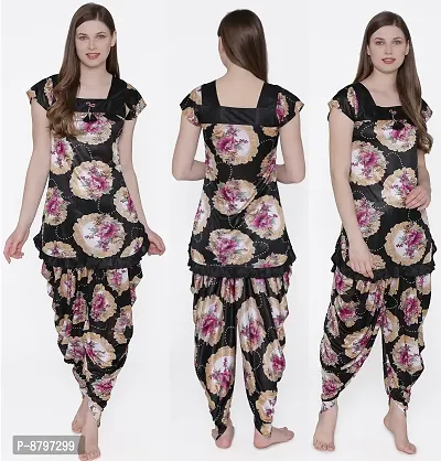 Beautiful Floral Print Satin Short Sleeve Top and Long Leg Dhoti Set For Women