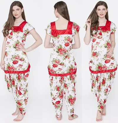 Trendy Satin Floral Patiala Night Suit Set For Women And Girls