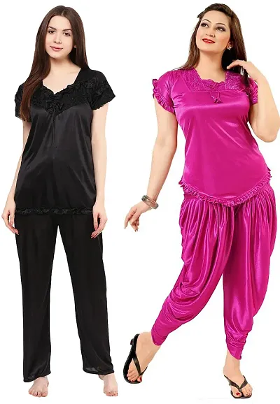 Pack Of 2 Beautiful Solid Satin Night Suit Set For Women